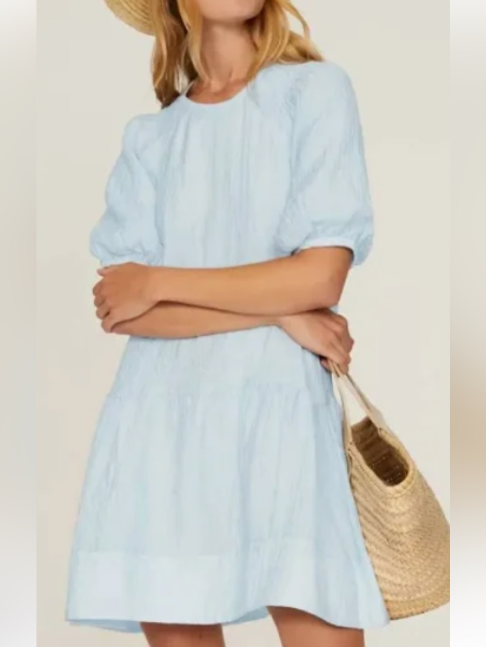 Club Monaco Light Blue Puff Sleeve Tiered Mini Dress